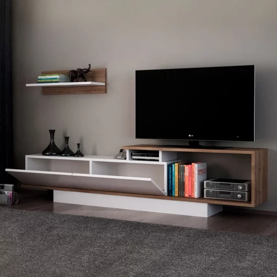 Έπιπλο τηλεόρασης Novara  χρώμα λευκό - καρυδί 180x29,6x45εκ.