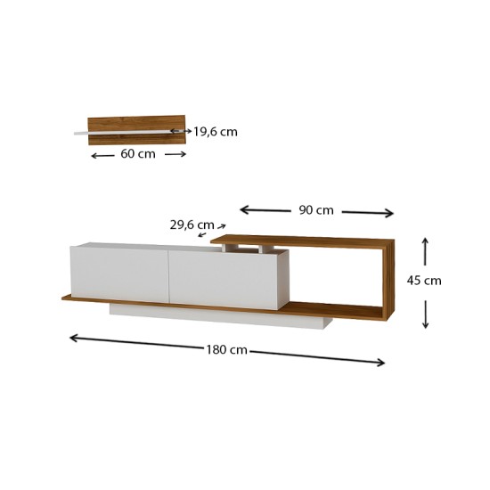 Έπιπλο τηλεόρασης Novara χρώμα λευκό - καρυδί 180x29,6x45εκ. Έπιπλο τηλεόρασης Novara χρώμα λευκό - καρυδί 180x29,6x45εκ.