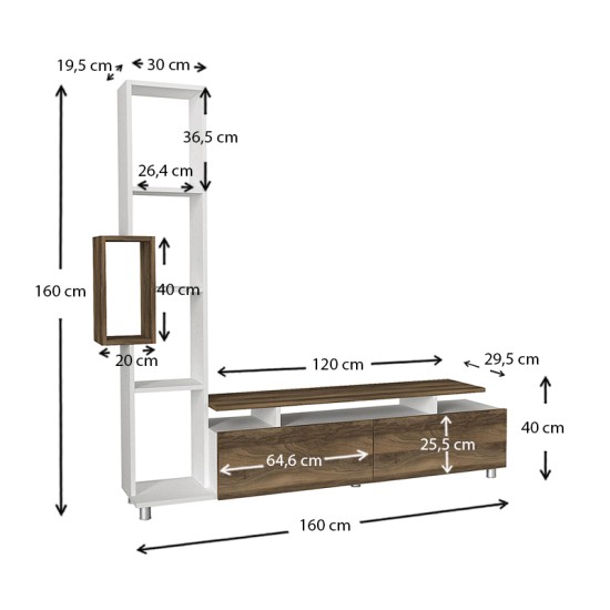 Σύνθεση τηλεόρασης Tulip  χρώμα λευκό - καρυδί 160x29,5x160εκ.