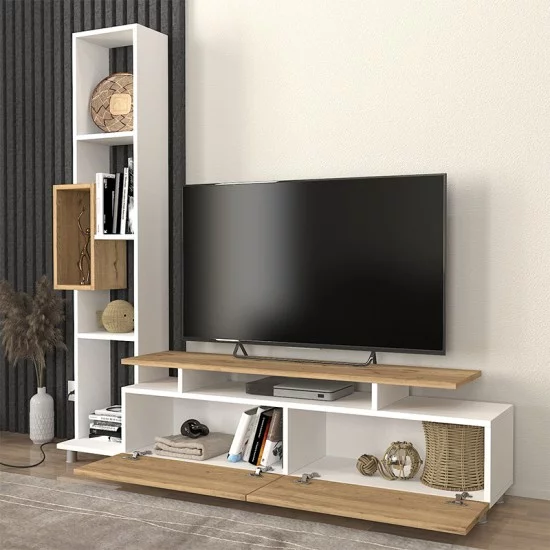 Σύνθεση τηλεόρασης Tulip  χρώμα λευκό - sepet oak 160x29,5x160εκ.