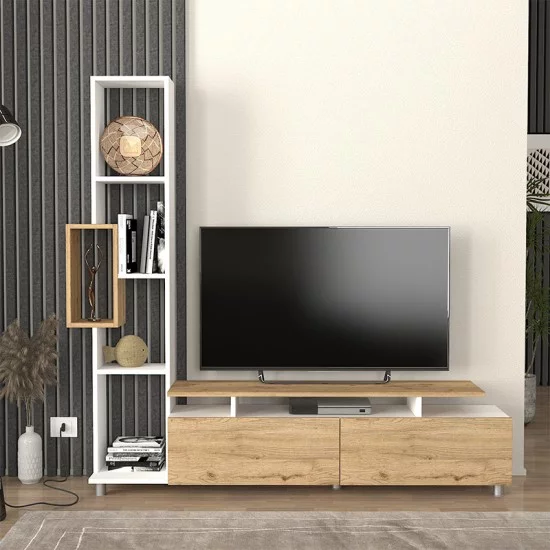 Σύνθεση τηλεόρασης Tulip  χρώμα λευκό - sepet oak 160x29,5x160εκ.