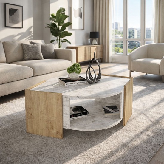 Τραπεζάκι σαλονιού Marbel  χρώμα sapphire oak - λευκό εφέ μαρμάρου 75x75x40εκ.