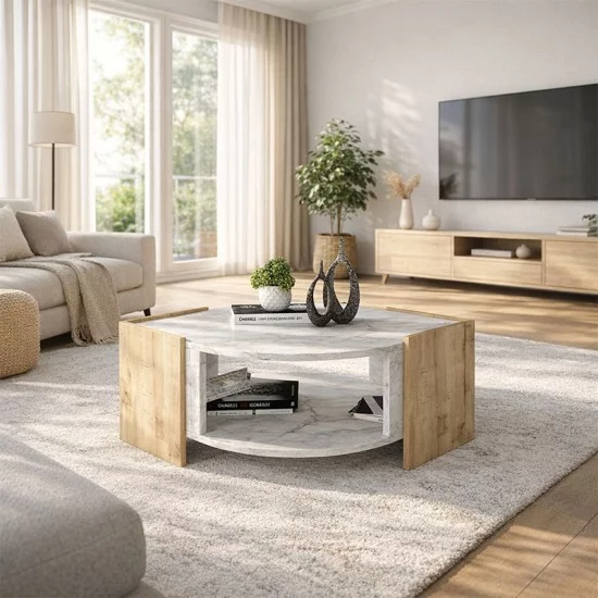 Τραπεζάκι σαλονιού Marbel  χρώμα sapphire oak - λευκό εφέ μαρμάρου 75x75x40εκ.