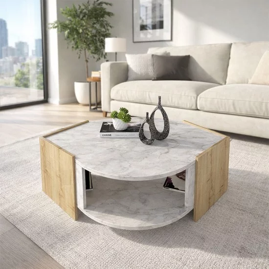 Τραπεζάκι σαλονιού Marbel  χρώμα sapphire oak - λευκό εφέ μαρμάρου 75x75x40εκ.