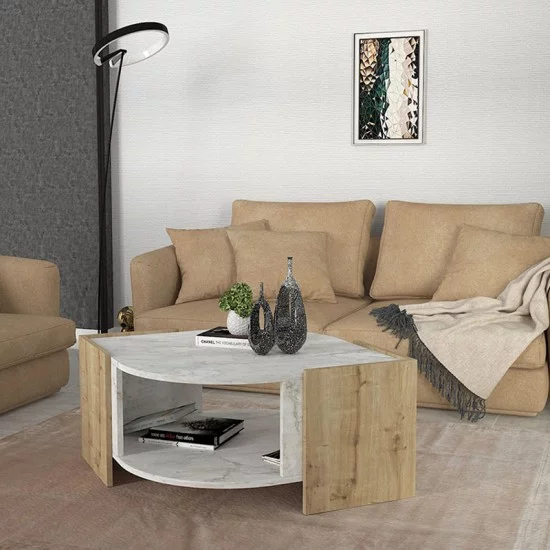 Τραπεζάκι σαλονιού Marbel  χρώμα sapphire oak - λευκό εφέ μαρμάρου 75x75x40εκ.