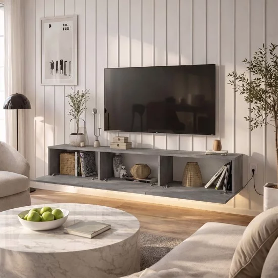 Έπιπλο τηλεόρασης επιτοίχιο Damla  με LED χρώμα γκρι σκυροδέματος 180x29,5x29,5εκ.