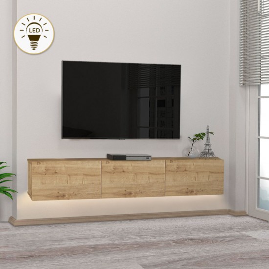 Έπιπλο τηλεόρασης επιτοίχιο Damla Megapap από μελαμίνη με LED χρώμα sapphire oak 180x29,5x29,5εκ. - 0228122