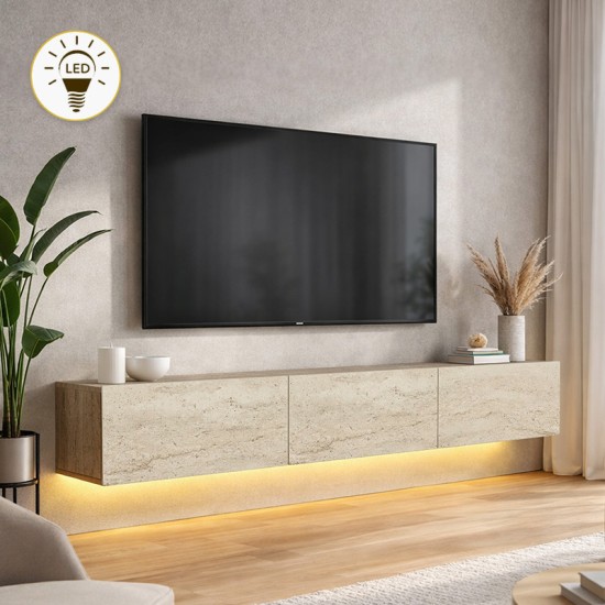 Έπιπλο τηλεόρασης επιτοίχιο Damla  με LED χρώμα travertine 180x29,5x29,5εκ.