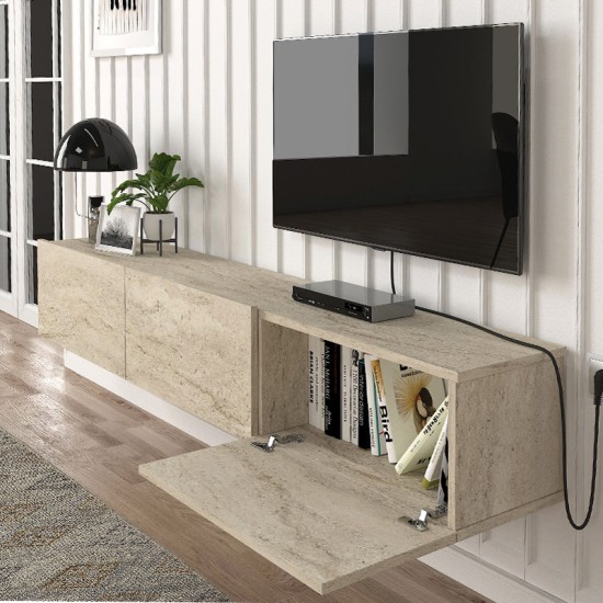 Έπιπλο τηλεόρασης επιτοίχιο Damla  με LED χρώμα travertine 180x29,5x29,5εκ.