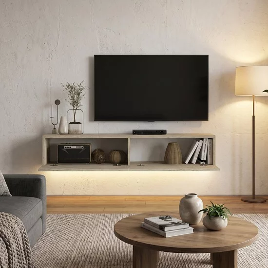 Έπιπλο τηλεόρασης επιτοίχιο Aristo  με LED χρώμα travertine 135x31,6x25εκ.