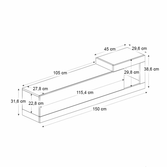 Έπιπλο τηλεόρασης επιτοίχιο Volare  χρώμα καρυδί - μαύρο 150x29,6x38,6εκ.
