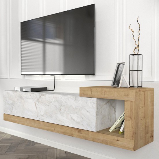 Έπιπλο τηλεόρασης επιτοίχιο Volare  χρώμα λευκό εφέ μαρμάρου - sapphire oak 150x29,6x38,6εκ.
