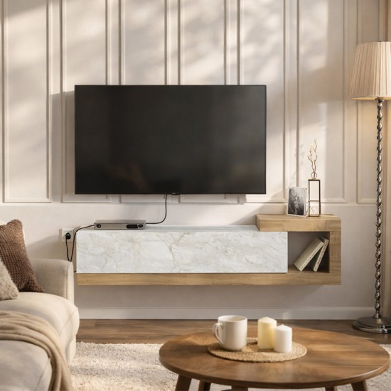 Έπιπλο τηλεόρασης επιτοίχιο Volare  χρώμα λευκό εφέ μαρμάρου - sapphire oak 150x29,6x38,6εκ.