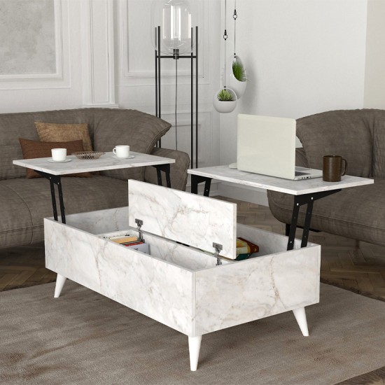 Τραπεζάκι σαλονιού Roy  με σερβιτόρο χρώμα λευκό εφέ μαρμάρου 121x69x40εκ.