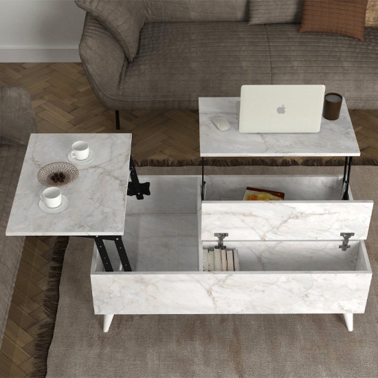 Τραπεζάκι σαλονιού Roy  με σερβιτόρο χρώμα λευκό εφέ μαρμάρου 121x69x40εκ.