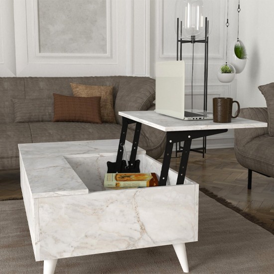 Τραπεζάκι σαλονιού Roy  με σερβιτόρο χρώμα λευκό εφέ μαρμάρου 121x69x40εκ.