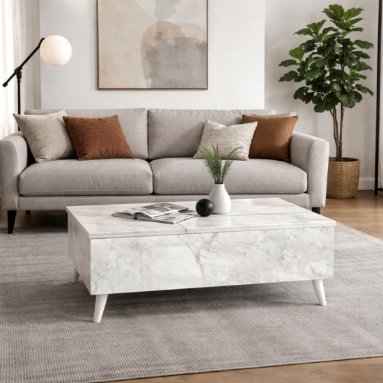 Τραπεζάκι σαλονιού Roy  με σερβιτόρο χρώμα λευκό εφέ μαρμάρου 121x69x40εκ.