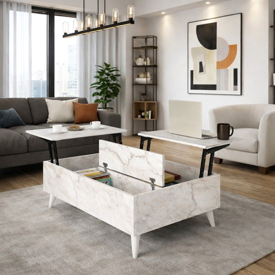 Τραπεζάκι σαλονιού Roy  με σερβιτόρο χρώμα λευκό εφέ μαρμάρου 121x69x40εκ.