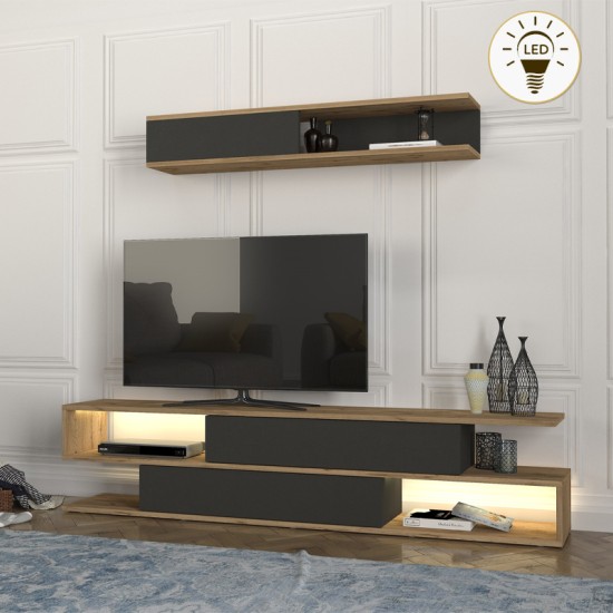 Σύνθεση τηλεόρασης Manet  με LED χρώμα sepet oak - ανθρακί 180x29,5x39εκ.
