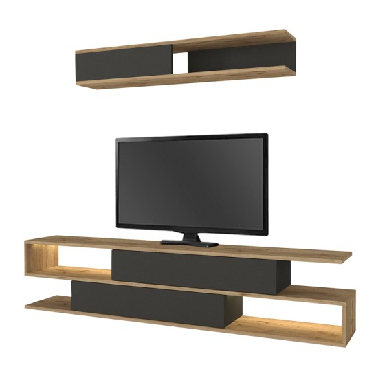 Σύνθεση τηλεόρασης Manet  με LED χρώμα sepet oak - ανθρακί 180x29,5x39εκ.