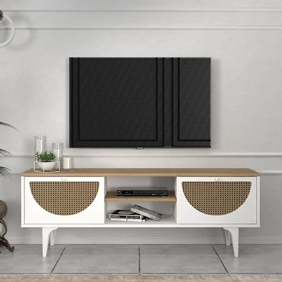 Έπιπλο τηλεόρασης Aureta  χρώμα λευκό - sapphire oak 150x35x52,8 εκ.