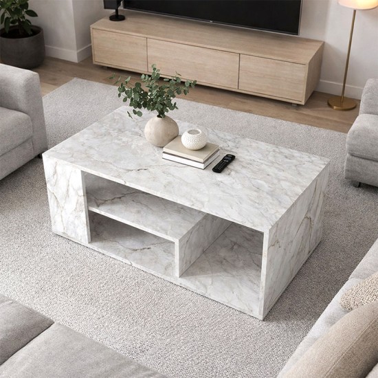 Τραπεζάκι σαλονιού Abdera  χρώμα λευκό εφέ μαρμάρου 110x60x42εκ.