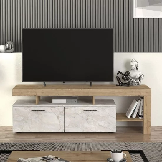Έπιπλο τηλεόρασης Acnes  χρώμα λευκό εφέ μαρμάρου - sapphire oak 160x40x53εκ.