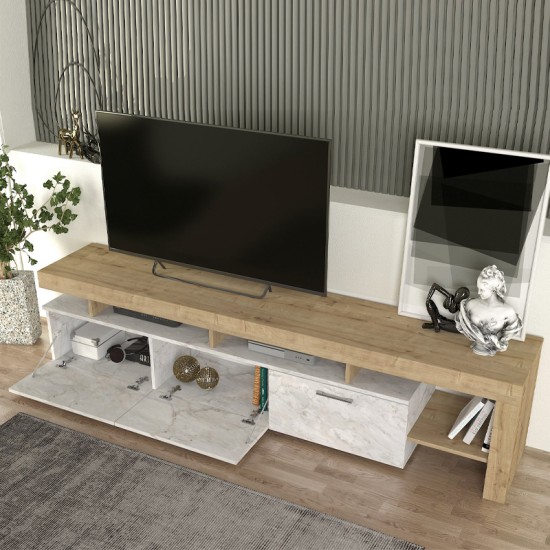 Έπιπλο τηλεόρασης Acnes  χρώμα λευκό εφέ μαρμάρου - sapphire oak 220x40x52εκ.