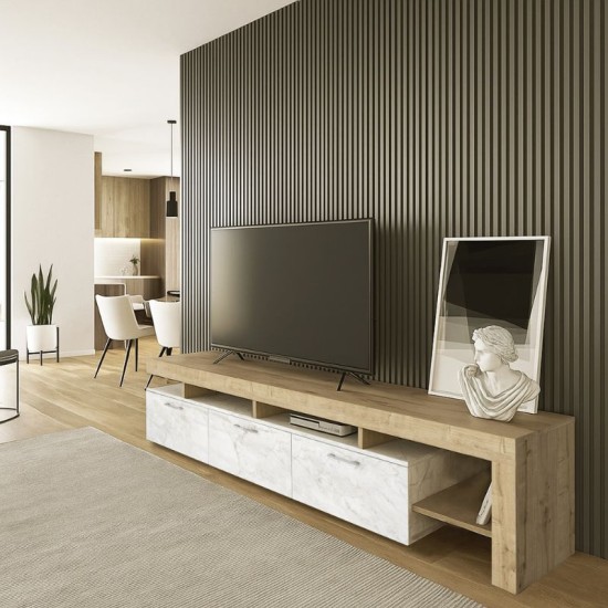 Έπιπλο τηλεόρασης Acnes  χρώμα λευκό εφέ μαρμάρου - sapphire oak 220x40x52εκ.