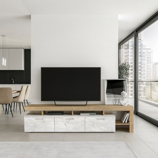 Έπιπλο τηλεόρασης Acnes  χρώμα λευκό εφέ μαρμάρου - sapphire oak 220x40x52εκ.
