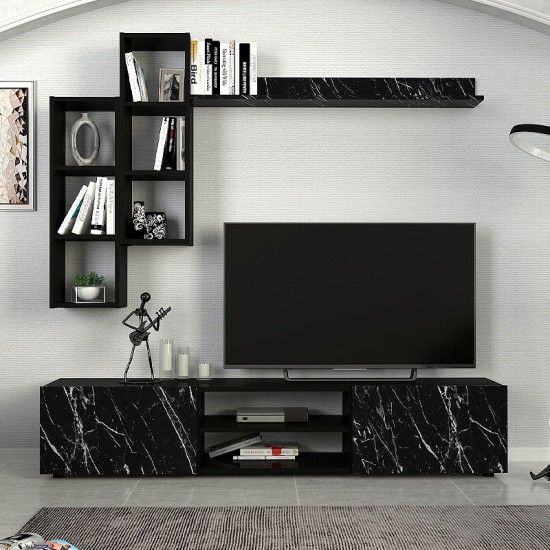Σύνθεση τηλεόρασης Duana Megapap χρώμα μαύρο εφέ μαρμάρου - μαύρο 180x38x35,7εκ. - 0242781