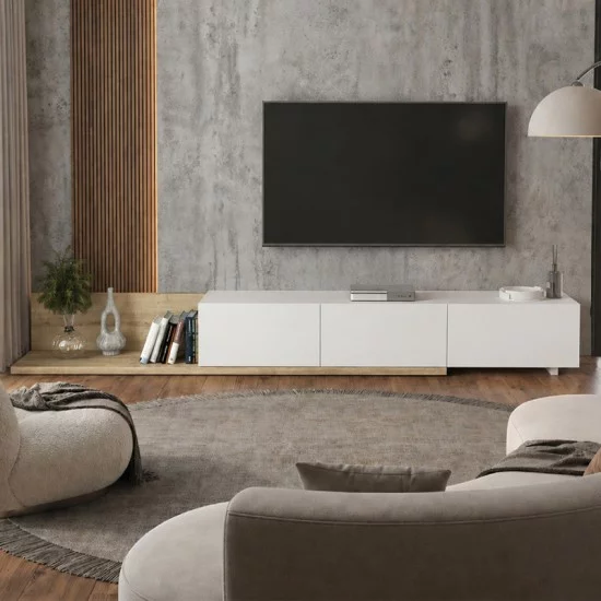 Έπιπλο τηλεόρασης Enstey  επεκτεινόμενο χρώμα sapphire oak - λευκό 260x41,8x33,5εκ.