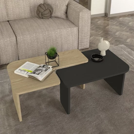 Τραπεζάκι σαλονιού σετ 2τμχ Lava  χρώμα rota oak - ανθρακί 75x48,5x35,6εκ.