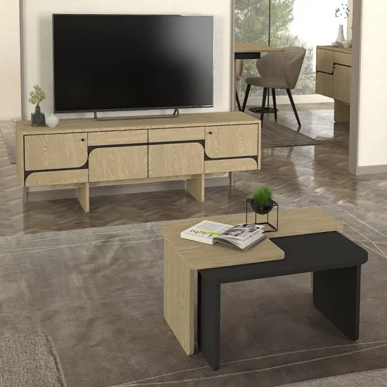 Τραπεζάκι σαλονιού σετ 2τμχ Lava  χρώμα rota oak - ανθρακί 75x48,5x35,6εκ.