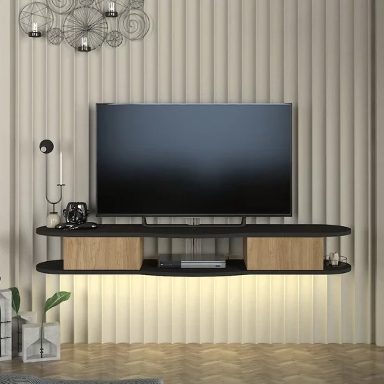 Έπιπλο τηλεόρασης επιτοίχιο Perk  με LED χρώμα ανθρακί - sepet oak 150x35x19,2εκ.