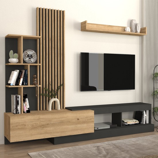Σύνθεση τηλεόρασης Vermont  χρώμα ανθρακί - sepet oak 240x40x192εκ.