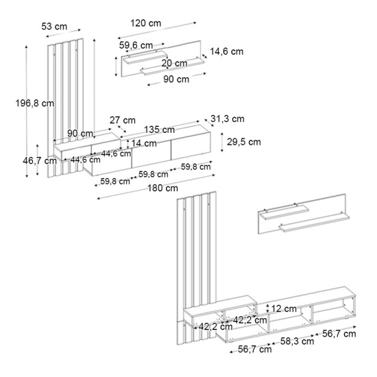 Σύνθεση τηλεόρασης Rosaline  χρώμα λευκό - sepet oak 233x31,3x196,8εκ.
