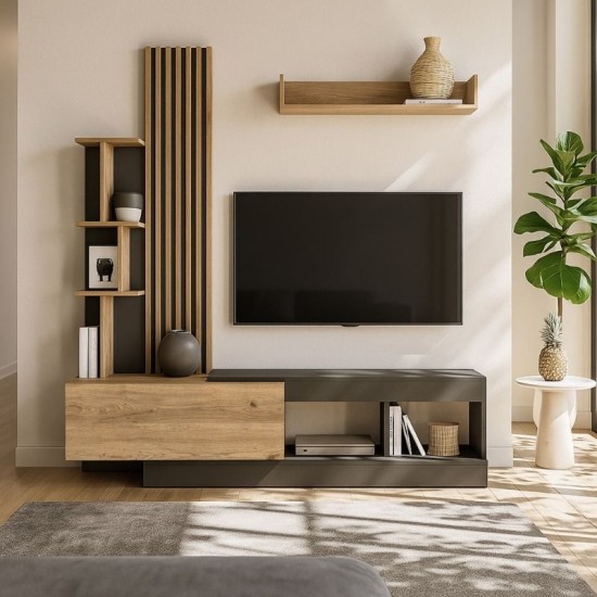 Σύνθεση τηλεόρασης Vermont  χρώμα ανθρακί - sepet oak 180x40x193,8εκ.