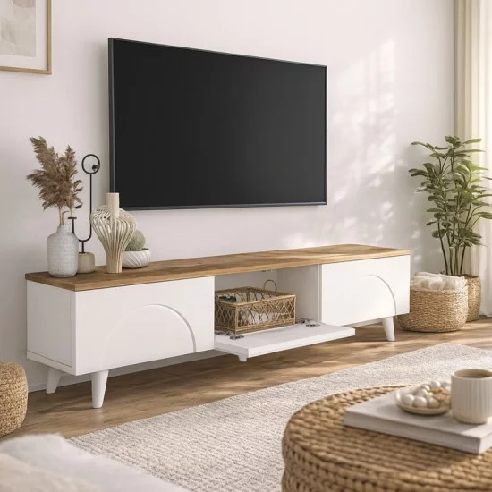 Έπιπλο τηλεόρασης Bono  χρώμα λευκό - sepet oak 150x32,3x42,1εκ.