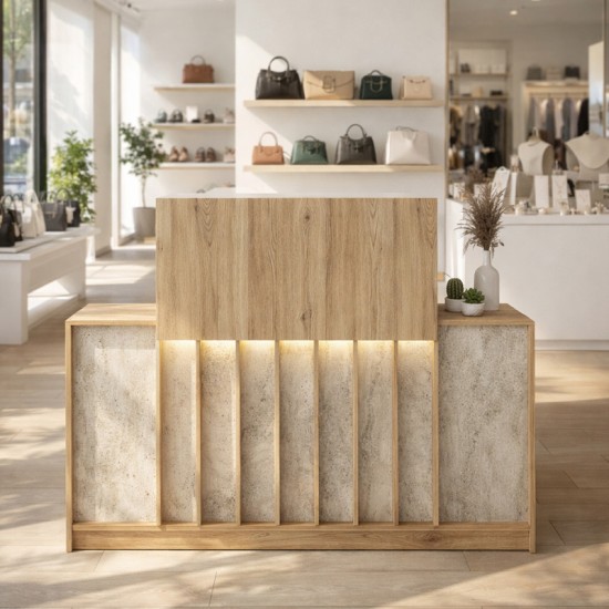 Γραφείο υποδοχής - reception Davis  με LED χρώμα sepet oak - travertine 150x41,8x115εκ.