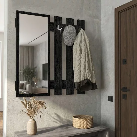 Κρεμάστρα τοίχου με καθρέπτη Folin  χρώμα sencron black 90x4x90εκ.