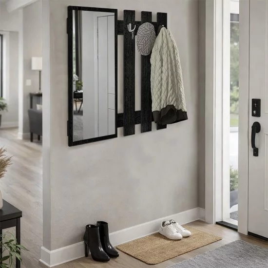 Κρεμάστρα τοίχου με καθρέπτη Folin  χρώμα sencron black 90x4x90εκ.