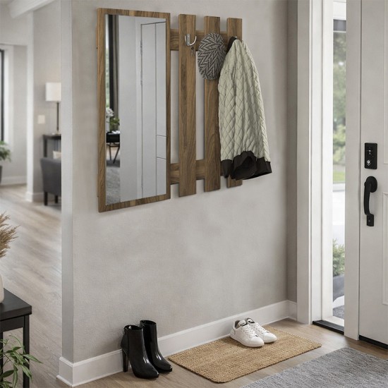 Κρεμάστρα τοίχου με καθρέπτη Folin  χρώμα καρυδί 90x4x90εκ.