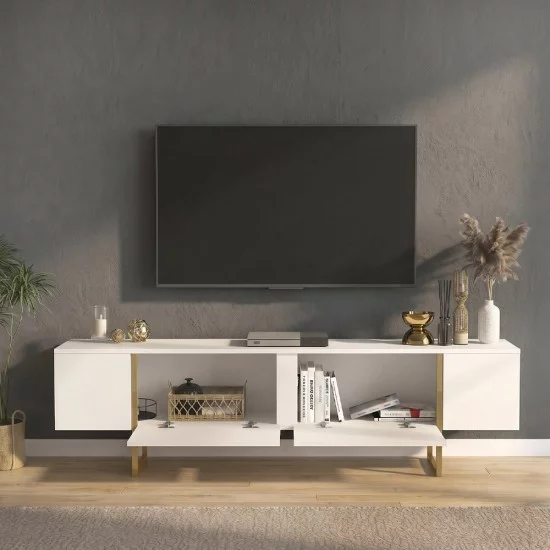 Έπιπλο τηλεόρασης Orontes  χρώμα λευκό - χρυσό 180x29,6x50εκ.