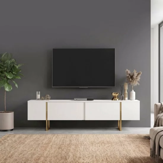 Έπιπλο τηλεόρασης Orontes  χρώμα λευκό - χρυσό 180x29,6x50εκ.