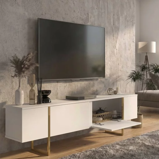 Έπιπλο τηλεόρασης Orontes  χρώμα λευκό - χρυσό 180x29,6x50εκ.