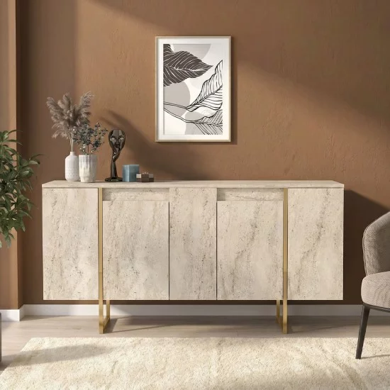 Μπουφές Orontes  χρώμα travertine - χρυσό 160x35,2x80εκ.