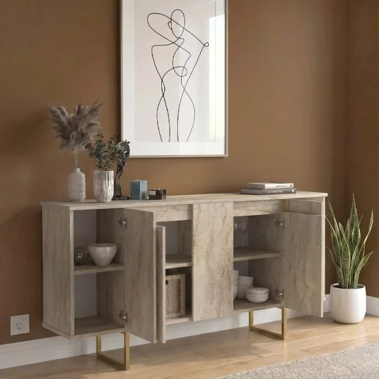Μπουφές Orontes  χρώμα travertine - χρυσό 160x35,2x80εκ.