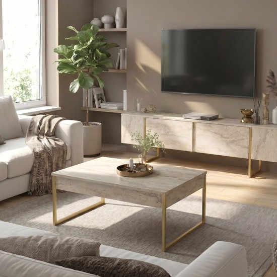 Τραπεζάκι σαλονιού Orontes  χρώμα travertine - χρυσό 90x59,6x40εκ.