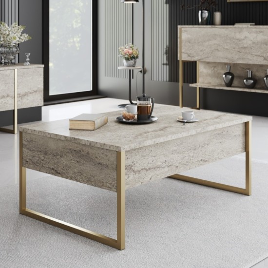 Τραπεζάκι σαλονιού Luxe  χρώμα travertine - χρυσό 90x60x40εκ.